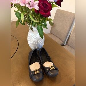 Tory Burch Royal Ambrose Black/ Gold Leather Slip On Ballet Flats Shoes Size 8